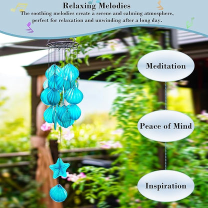 Stained Glass Wind Chimes for Outside,Handmade Large 25 inch Memorial Windchimes Outdoor,Sea Glass Decor for Patio Garden Balcony Porch (Shell & Starfish)
