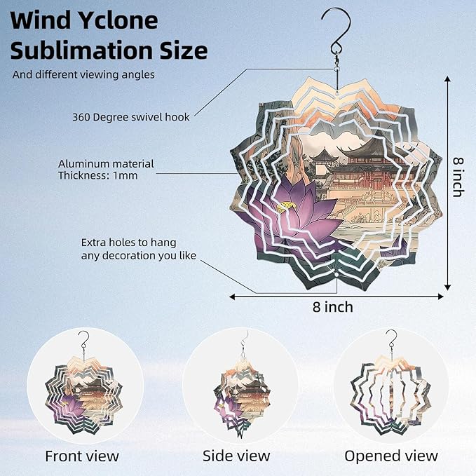 8 Inch Sublimation Wind Spinner, 3D Aluminum Metal Wind Spinner with Hook, Indoor Yard Garden Hanging Decoration, Weather Resistant Rotating Spiral Ornament, Purple Lotus and Temple