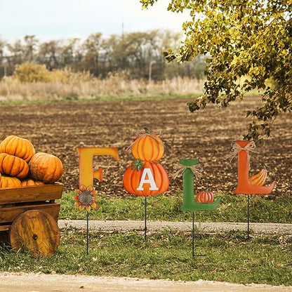 Juegoal 4 Pcs Fall Decorative Garden Stakes, 24 Inch Letter Metal Yard Sign with Pumpkins, Outdoor Art Stake for Thanksgiving Decorations Autumn Harvest Patio Lawn Walkway, Style A