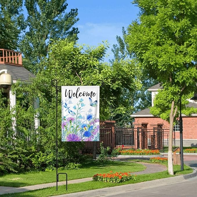Spring Summer Garden Flag with Welcome Quote Blue Flower Butterfly Dragonfly Mini Yard Flag Double-Sided Garden Flags Rustic Farmhouse Sign for Home Garden Outdoor Decoration, 12.5 X 18 Inch
