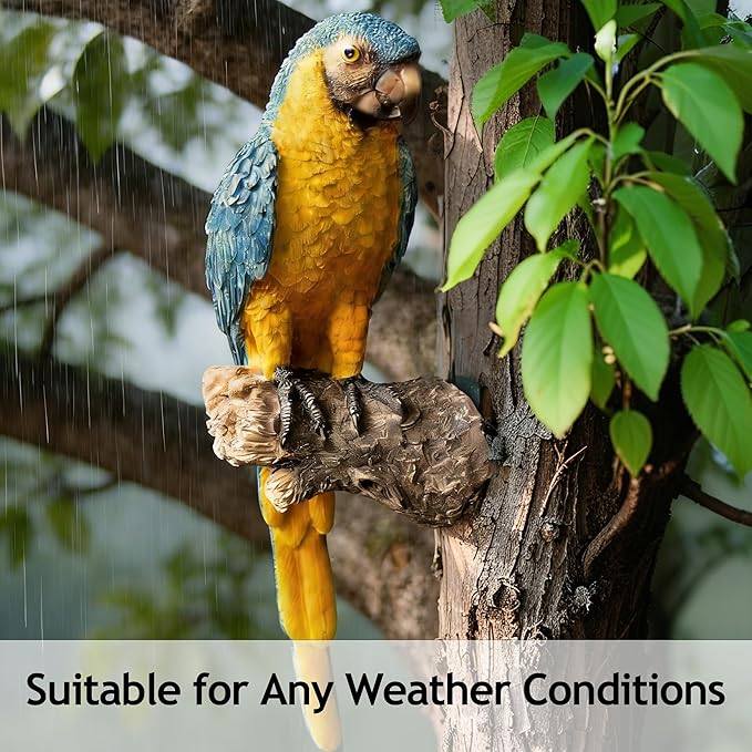 Hanging Parrot Statue Outdoor Decor for Garden, 13.6" Fairy Yard Wall Mount Figurines Home Tropical Parrot Sculptures for Lawn Patio Front Porch Backyard Fence (Blue)