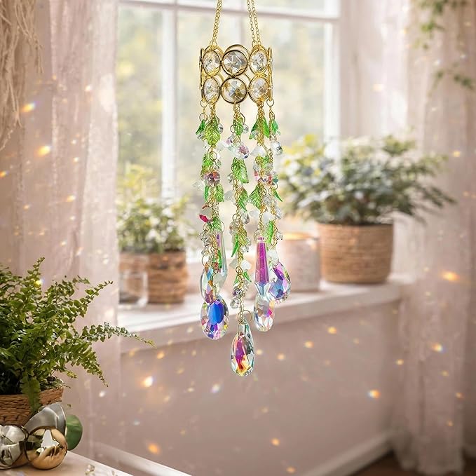 HDCRYSTALGIFTS 15.5 Inch Crystal Suncatcher for Window Hanging Gold-Plated Glass Wind Chimes Sun Catcher with Leaf Flower Beads Chain Rainbow Maker Spring Ornaments for Indoor Outdoor Garden
