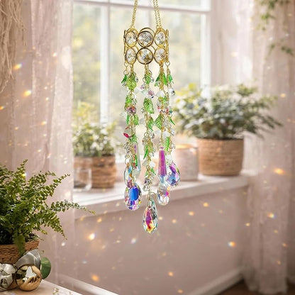 HDCRYSTALGIFTS 15.5 Inch Crystal Suncatcher for Window Hanging Gold-Plated Glass Wind Chimes Sun Catcher with Leaf Flower Beads Chain Rainbow Maker Spring Ornaments for Indoor Outdoor Garden
