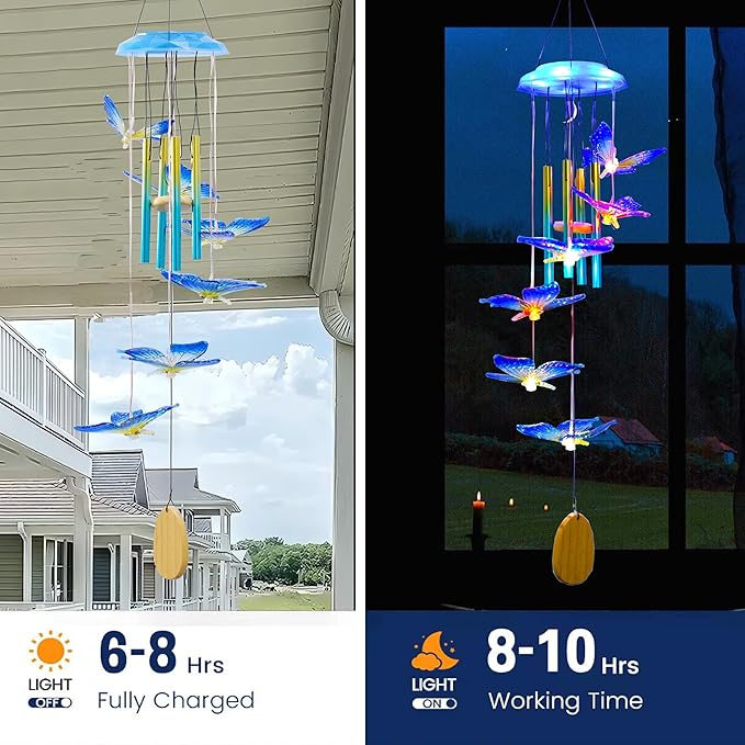 Outdoor Solar Wind Chime Decoration, Mother's Day Birthday Gifts for Grandma, Mom and Family, Outdoor Garden and Courtyard Wind Chime Accessories (Blue Butterfly)