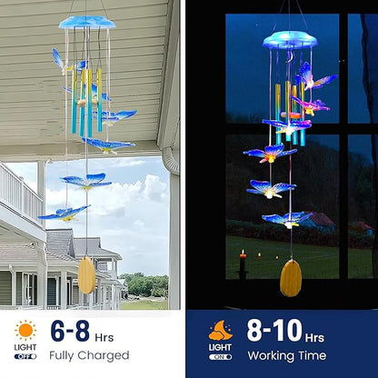 Outdoor Solar Wind Chime Decoration, Mother's Day Birthday Gifts for Grandma, Mom and Family, Outdoor Garden and Courtyard Wind Chime Accessories (Blue Butterfly)