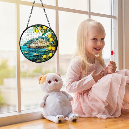 Italian Lemon Amalfi Coast Suncatchers Stained Glass Window Hanging, Summer Beach Lemon Sun Catchers Indoor Window Glass Round Wall Decor, Mediterranean Wall Hanging Decorations, 7.9x7.9in
