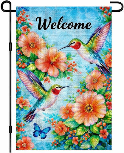 IVN Hummingbird Garden Flag 12x18 Inch – Welcome Floral Outdoor Flag, Double Sided Burlap Spring Summer Yard Flag for Porch Lawn Patio Decor