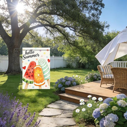Nuxovilar Summer Garden Flag Hello Summer Popsicle Watermelon Orange Pattern Polyester 12x18 Inches Garden Flags for Outside Colorful Decor Yard Porch Lawn