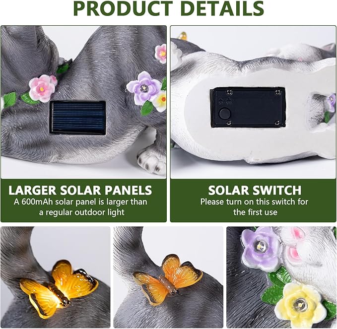 Solar Garden Statue Cat Figurine, Resin Solar Lights with Flower Decor for Outside, Yard Art Patio Balcony Lawn Decorations, Unique Gifts for Mom Grandma Women and Cat Lover (Black)