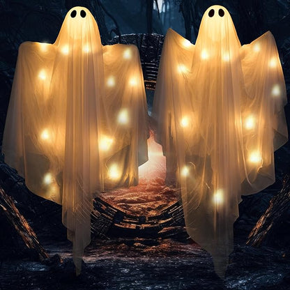 JOYIN 2 Pcs 47” Halloween Light up Hanging Ghost Decoration Outdoor, Halloween Flying Hanging Ghosts with Warm LED Light for Haunted House Prop, Front Yard Patio Party Decor Indoor Outdoor