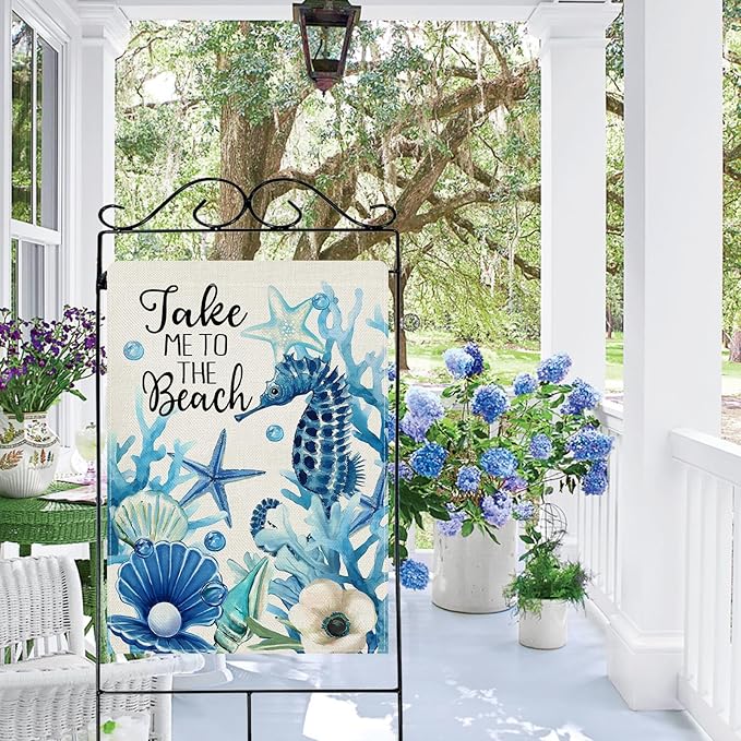 Dyrenson Summer Take Me To The Beach 28 x 40 House Flag Double Sided, Coastal Seahorse Starfish Shell Coral Garden Yard Decoration, Anemone Seasonal Burlap Outdoor Decor Decorative Large Flag