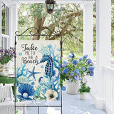 Dyrenson Summer Take Me To The Beach 28 x 40 House Flag Double Sided, Coastal Seahorse Starfish Shell Coral Garden Yard Decoration, Anemone Seasonal Burlap Outdoor Decor Decorative Large Flag