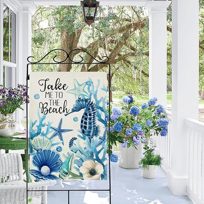 Dyrenson Summer Take Me To The Beach 28 x 40 House Flag Double Sided, Coastal Seahorse Starfish Shell Coral Garden Yard Decoration, Anemone Seasonal Burlap Outdoor Decor Decorative Large Flag