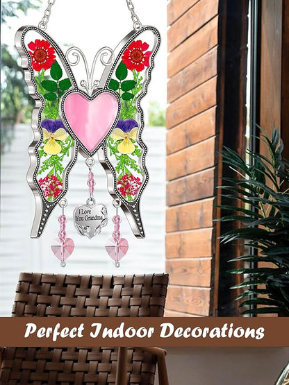 KY&BOSAM Heart Butterfly Suncatcher I Love You Grandma Stained Glass Panels Pink Heart for Windows Wind Chimes Metal Engraved Charm Gifts for Grandma Mothers Day Valentine's Birthday Christmas