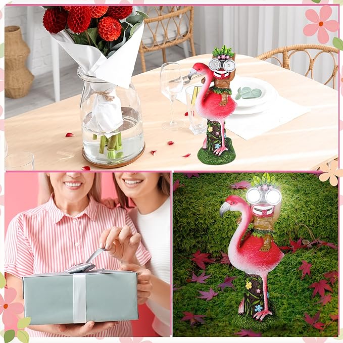 Colingmill 12.2'' Tiki Statue Flamingo Outdoor Decoration Solar Powered Garden Figurine Riding a Flamingo Tiki Bar Decor Housewarming Gardening Gifts for Bar, Lawn, Yard, Patio, Balcony, Table