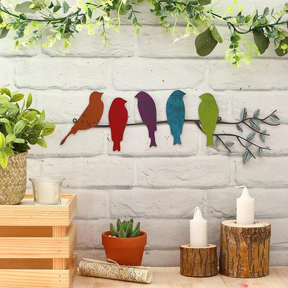 Ferraycle Metal Bird Wall Art - Birds on Branch with Leaves - Metal Sculpture Wall Hanging Sign for Balcony, Garden, Home Decor(Fresh Colors)