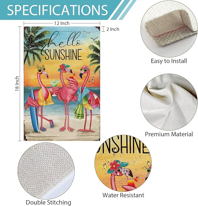 Heyfibro Flamingo Garden Flag Hello Sunshine Hawaii Tropical Beach Holiday Garden Flags 12x18 Double Sided Burlap Welcome Summer Tropical Ocean Sea Yard Flag for Seasonal Outdoor Party Decoration(ONLY