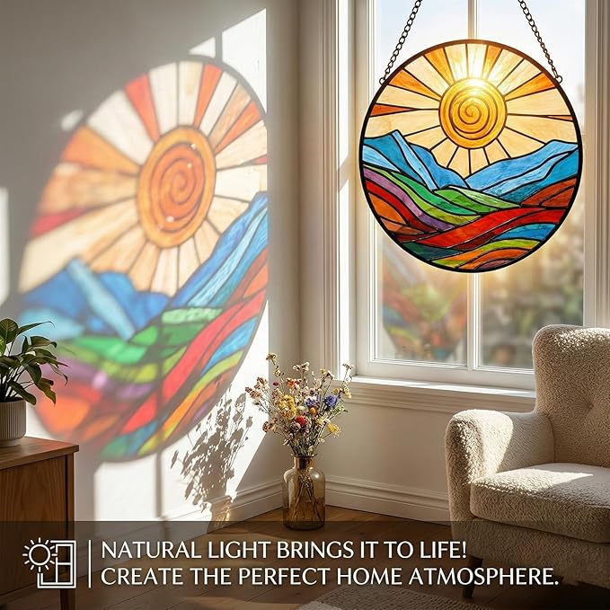 Stunning 12" Stained Glass Suncatcher - Colorful Spiral Sun & Rainbow Mountain Window Hanging, Handcrafted Outdoor Garden Decor, Ideal Mother’s Day or Housewarming Gift