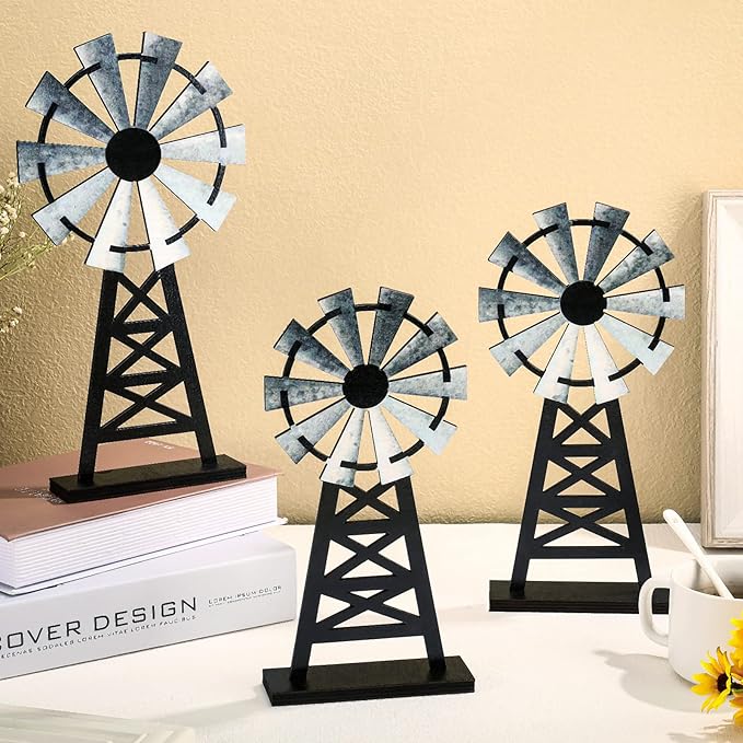 Yulejo Set of 3 Wooden Farmhouse Windmill Table Top Decor - Small Distressed Black Grey Rustic Themed for Kitchen Garden Home