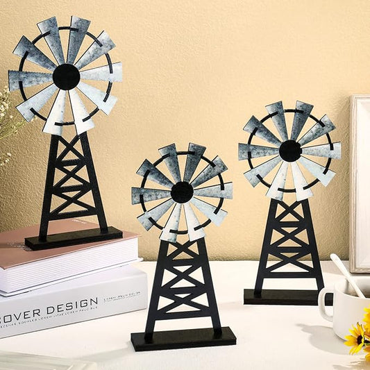 Yulejo Set of 3 Wooden Farmhouse Windmill Table Top Decor - Small Distressed Black Grey Rustic Themed for Kitchen Garden Home