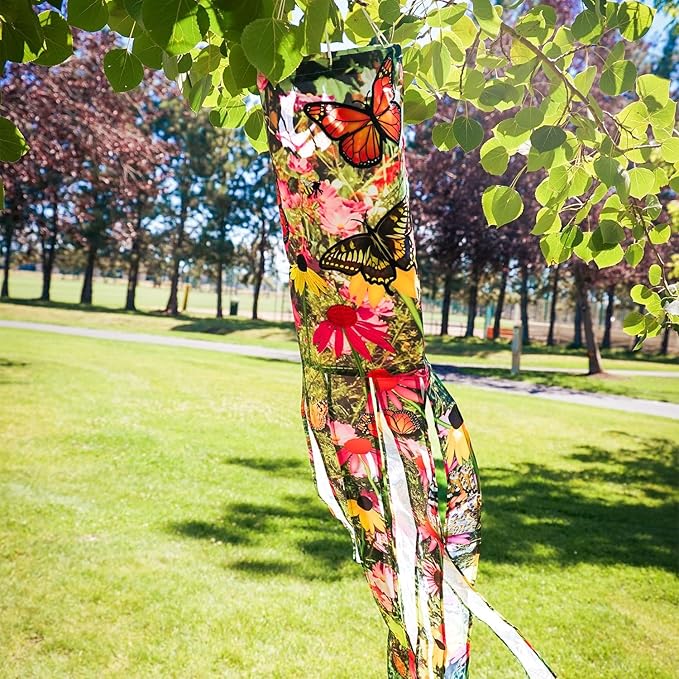 In the Breeze 5271 — Summer Garden 40-inch Illusion Windsock — Vibrant Decor, Embroidered Details, Fully Printed Tails