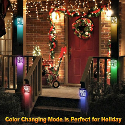 DenicMic Solar Wall Lights Outdoor Wall Sconce Fence Lighting for Patio Front Door Yard Deck Stair Led Forest Decorative Lamps, Waterproof, Warm White Color Changing (4 Pack)
