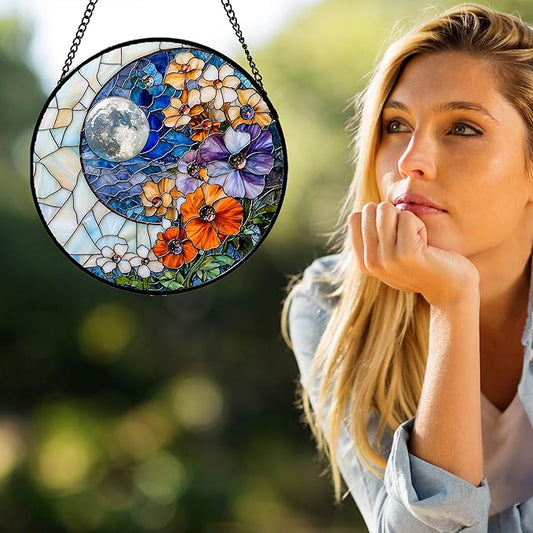 Stained Glass Window Hanging - Blue White Moon Suncatcher for Door Terrace Garden Home Decor Colorful Flowers Sun Catcher Birthday Gifts for Lovers Women Men Dad Mom Nana 6.3 in