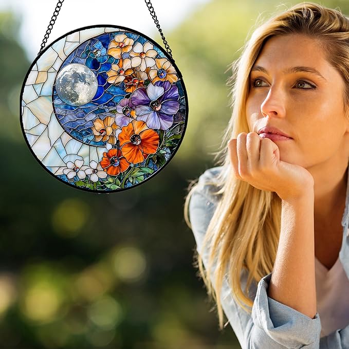 Stained Glass Window Hanging - Blue White Moon Suncatcher for Door Terrace Garden Home Decor Colorful Flowers Sun Catcher Birthday Gifts for Lovers Women Men Dad Mom Nana 11.8 in