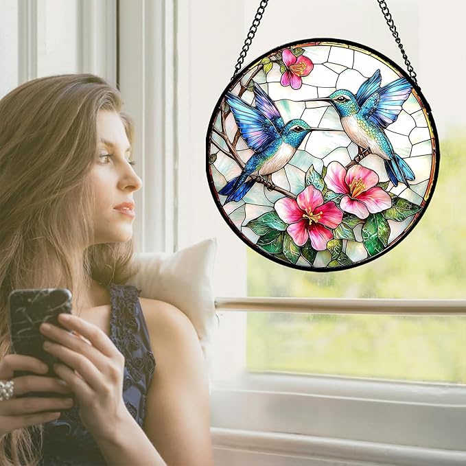 Stained Glass Window Hanging - Blue White Hummingbirds Pink Flowers Suncatcher for Door Terrace Garden Home Decor Bird Sun Catcher Birthday Gifts for Lovers Women Men Dad Mom Nana 6.3 in