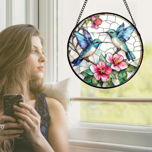 Stained Glass Window Hanging - Blue White Hummingbirds Pink Flowers Suncatcher for Door Terrace Garden Home Decor Bird Sun Catcher Birthday Gifts for Lovers Women Men Dad Mom Nana 6.3 in