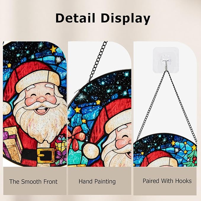 Santa Stained Glass Window Hanging, Santa Claus Suncatcher for Doors Home Sun Catchers Decoration and Christmas, Mother's Day Birthday Gifts for Women, Men, and Mom