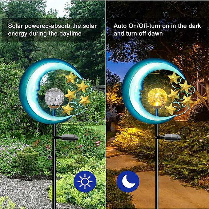 EPROSMIN Stars Moon Solar Lights Outdoor - Solar Powered Garden Lights Decorative Crackle Glass Globe Led Waterproof Landscape Lighting for Pathway,Yard,Lawn,Patio