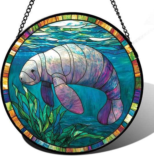 Stained Glass Window Hanging Blue Ocean Seaweed Manatee 6.3" - Suncatcher Door Garden Sunroom Sun Catcher Home Decor Birthday Christmas for Mom Men Woman Nana