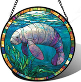 Stained Glass Window Hanging Blue Ocean Seaweed Manatee 9.8" - Suncatcher Door Garden Sunroom Sun Catcher Home Decor Birthday Christmas for Mom Men Woman Nana