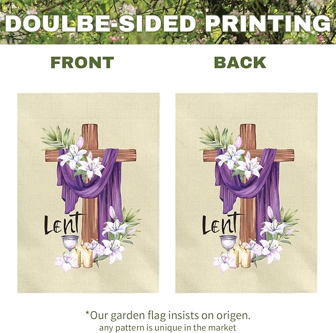 Lent Garden Flag 12x18 Inch Christian Easter Yard Flags with Cross Purple Cloth Lilies and Candles Religious Spring Outdoor Banner for Ash Wednesday Resurrection Faith Church Home Porch Decor