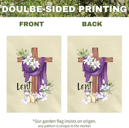 Lent Garden Flag 12x18 Inch Christian Easter Yard Flags with Cross Purple Cloth Lilies and Candles Religious Spring Outdoor Banner for Ash Wednesday Resurrection Faith Church Home Porch Decor