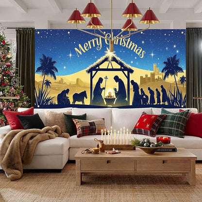 HOMETITUTE Christmas Garage Door Banner 13x6ft Holy Nativity Manger Scene Theme Backdrop Holiday Seasonal Decor Winter Door Cover Banners for Outside Garage Wall Covering for Party