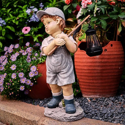 Solar Boy Statue, Boy Garden Statues with Solar Lantern for Garden, Patio, Lawn, Yard, Housewarming, Hand-Painted Sculpted Figure, 17.5”H