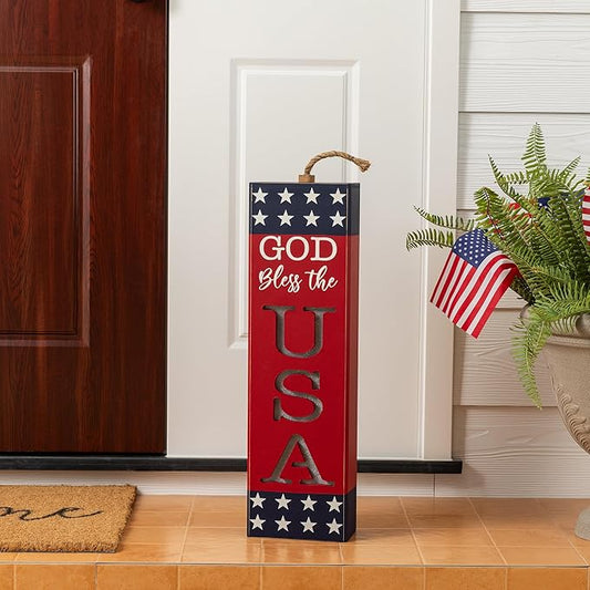 Glitzhome 24.75"H Wooden Patriotic Porch Sign, 4th of July Firecracker Decoration, Rustic Memorial Day Decor, American Flag Independence Day Yard Sign, Home Front Door Decoration