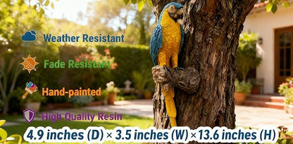 Tropical Parrot Statues Hanging Decor,13.6''(H) Wall Decor Parrot Sculpture for Home Porch Patio Door,Resin Macaw Statue Outdoor Garden Yard Tree Art Ornaments(Blue-and-Yellow)