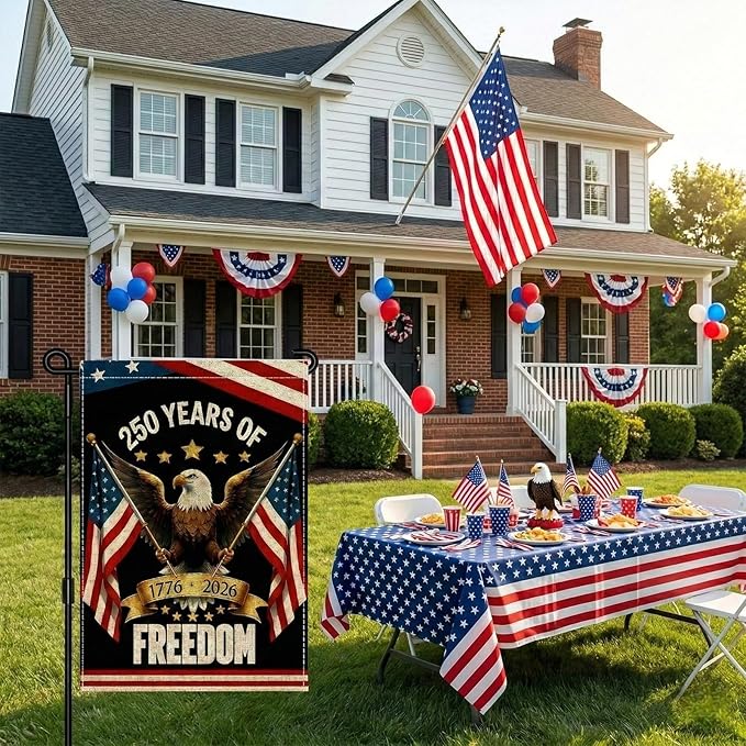 250 Years America Garden Flag, Double Sided 12x18 Patriotic Banner, Eagle Design, 1776-2026 US Semiquincentennial Yard Decor