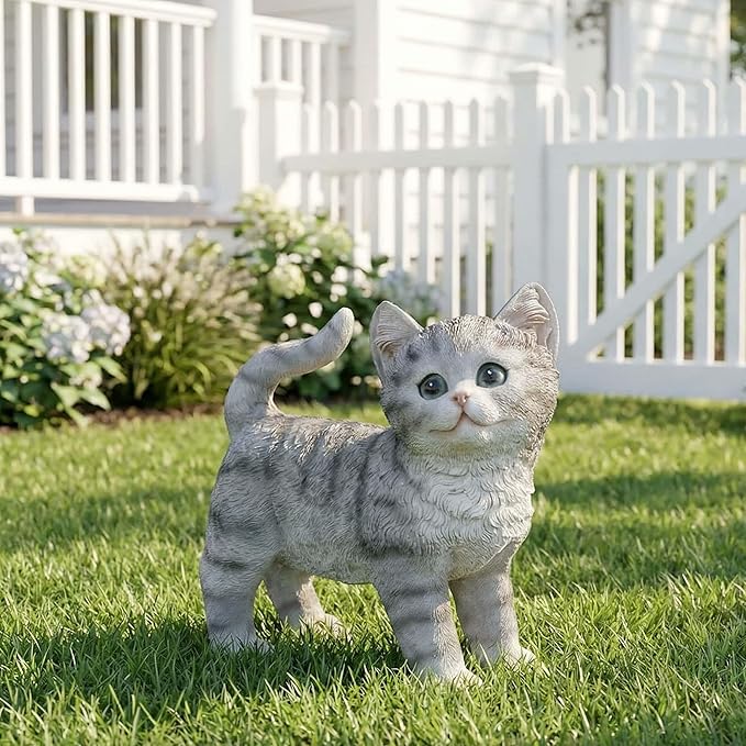 Real Grey Tabby Garden Statue - Resin Realistic Cat Sculpture, Pet Loss Memorial Stone, for Cat Lovers, Indoor/Outdoor Decor, Animal Figurine for Yard Ornaments
