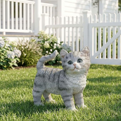 Real Grey Tabby Garden Statue - Resin Realistic Cat Sculpture, Pet Loss Memorial Stone, for Cat Lovers, Indoor/Outdoor Decor, Animal Figurine for Yard Ornaments