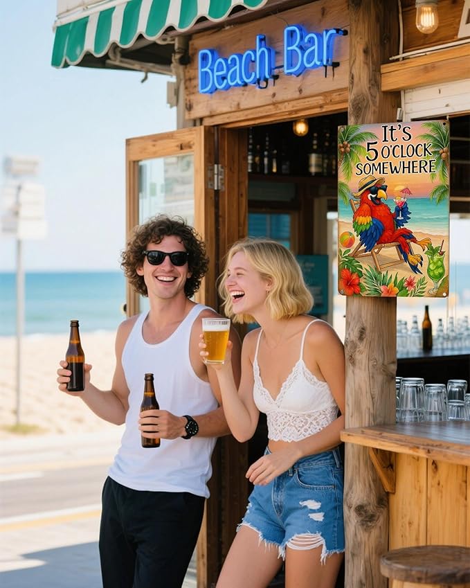 It's 5 O'Clock Somewhere Sign - Funny Parrot Vintage Decor for Tiki Bar, Beach House, Patio & Outdoor, 8x12 Inch Rust-Proof Aluminum Metal Sign, UV Printed Fade-Resistant Wall Art (8" x 12")