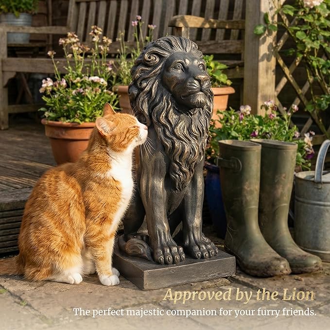 Sculptures Garden Statues, Outdoor Lion Statue 27in Tall, Magnesium Oxide Stone Composite Animal Sculpture Statue Decor for Home Decor Yard Patio Garden, Dark Gray with Gold Accents