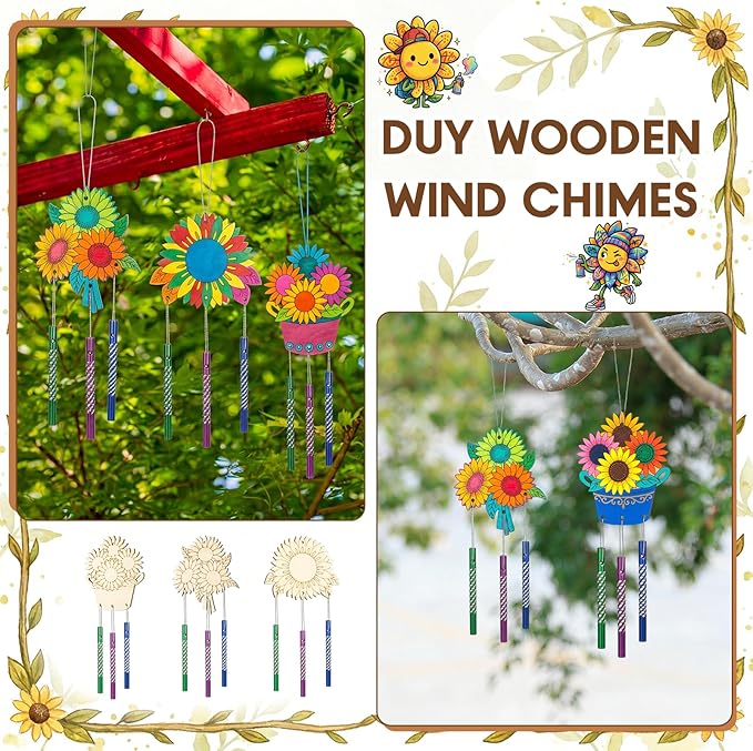 Leinuosen 30 Pcs Wind Chime Kit Sunflower Wooden Wind Chimes Decorative Sunflower Windchimes Hanging Dragonfly DIY Crafts for Indoor Outdoor Garden Home Patio Party Crafts Decorations
