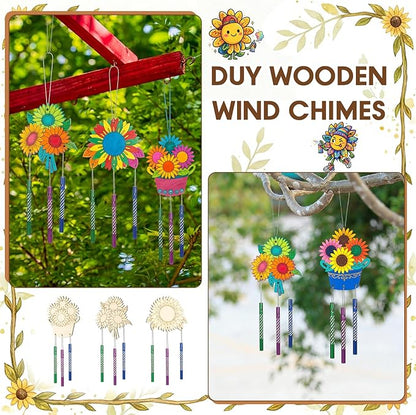 Leinuosen 30 Pcs Wind Chime Kit Sunflower Wooden Wind Chimes Decorative Sunflower Windchimes Hanging Dragonfly DIY Crafts for Indoor Outdoor Garden Home Patio Party Crafts Decorations