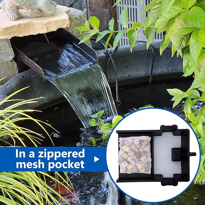 Adnee 17 Pcs Pond Waterfall Spillway Filter Media, 8 Inch Waterfall Box Filter Pad with Bracket and Ceramic Rings, Reusable Pond Filter Replacement Mat to Maintain Water Quality, No Spillway Included