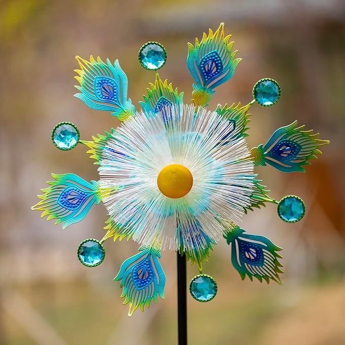 46" Peacock Feather Solar Wind Spinners Led Garden Wind Spinner, Sapphire Kinetic Windmill Wind Spinner Outdoor Decor, Wind Sculpture for Patio, Lawn & Garden