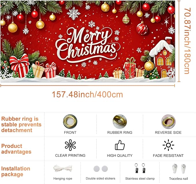 IVN Christmas Garage Door Cover Decoration 13x6ft Red Background Pine Garland Gifts and Gold Ornaments Merry Christmas Winter Garage Door Banner Home Door Front Yard Decor for Xmas Eve Holiday Outdoor